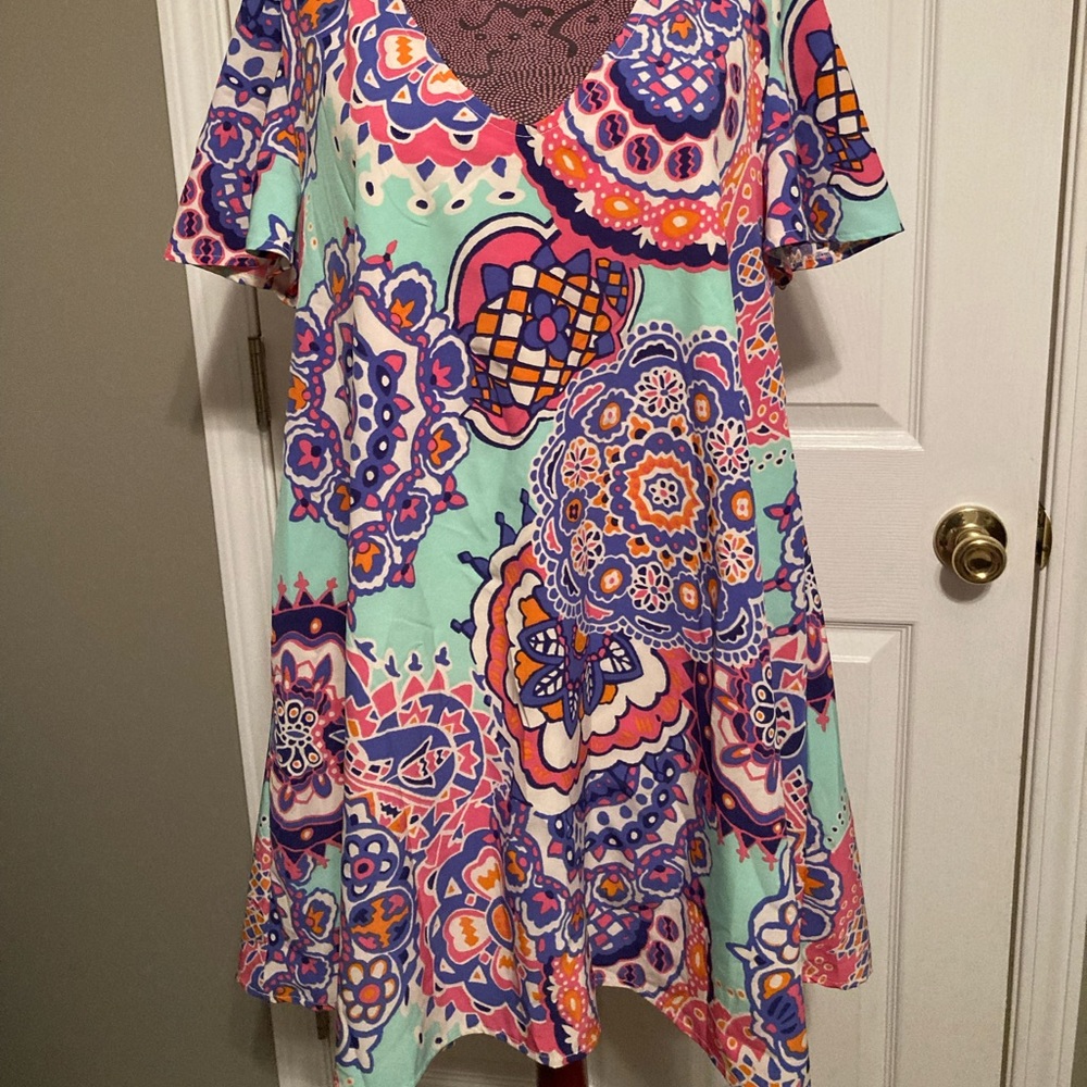 Judith March V Neck mini shift dress flutter sleeve size Large cute boho print.